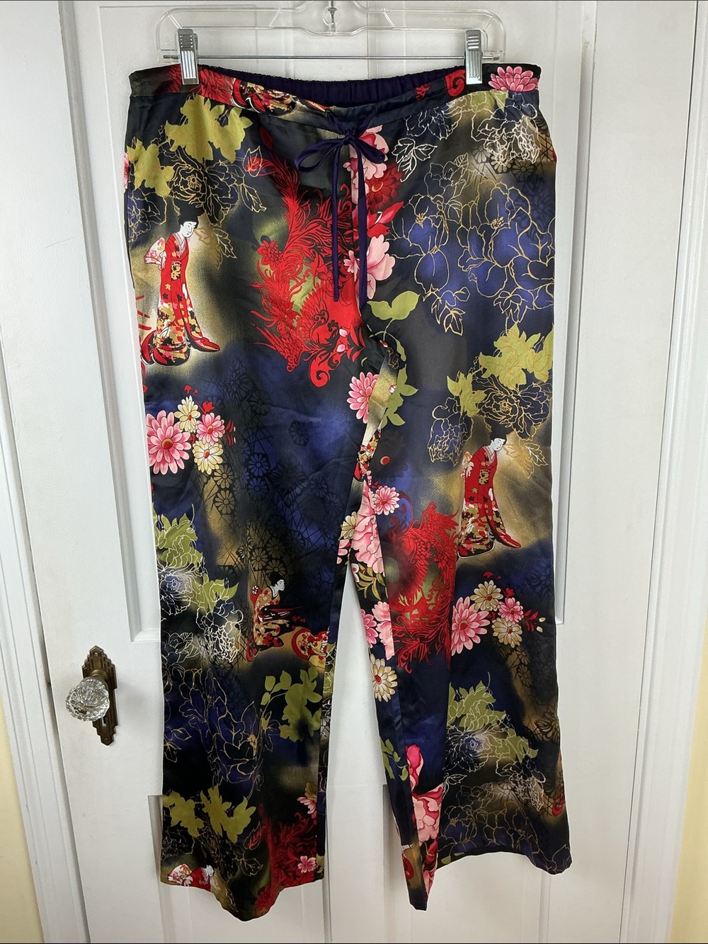 CRUZ Natori Geisha Oriental Print Satin Wide Leg Sleep Pajama Drawstring Pants M